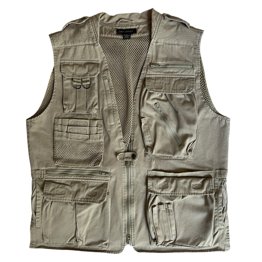 Vintage Banana Republic Photography Vest Men's XL Safari Fishing Utility Khaki